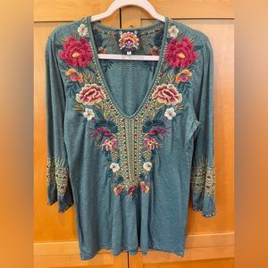 Johnny Was jewel toned embroidered t-shirt, 100% cotton, machine washable, Large
